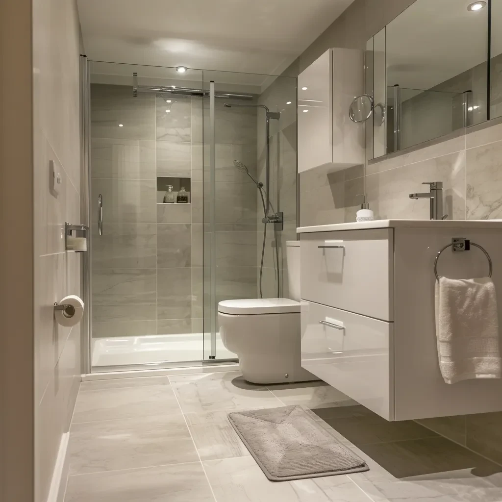 Walk-in shower beside a white vanity and heated towel rail