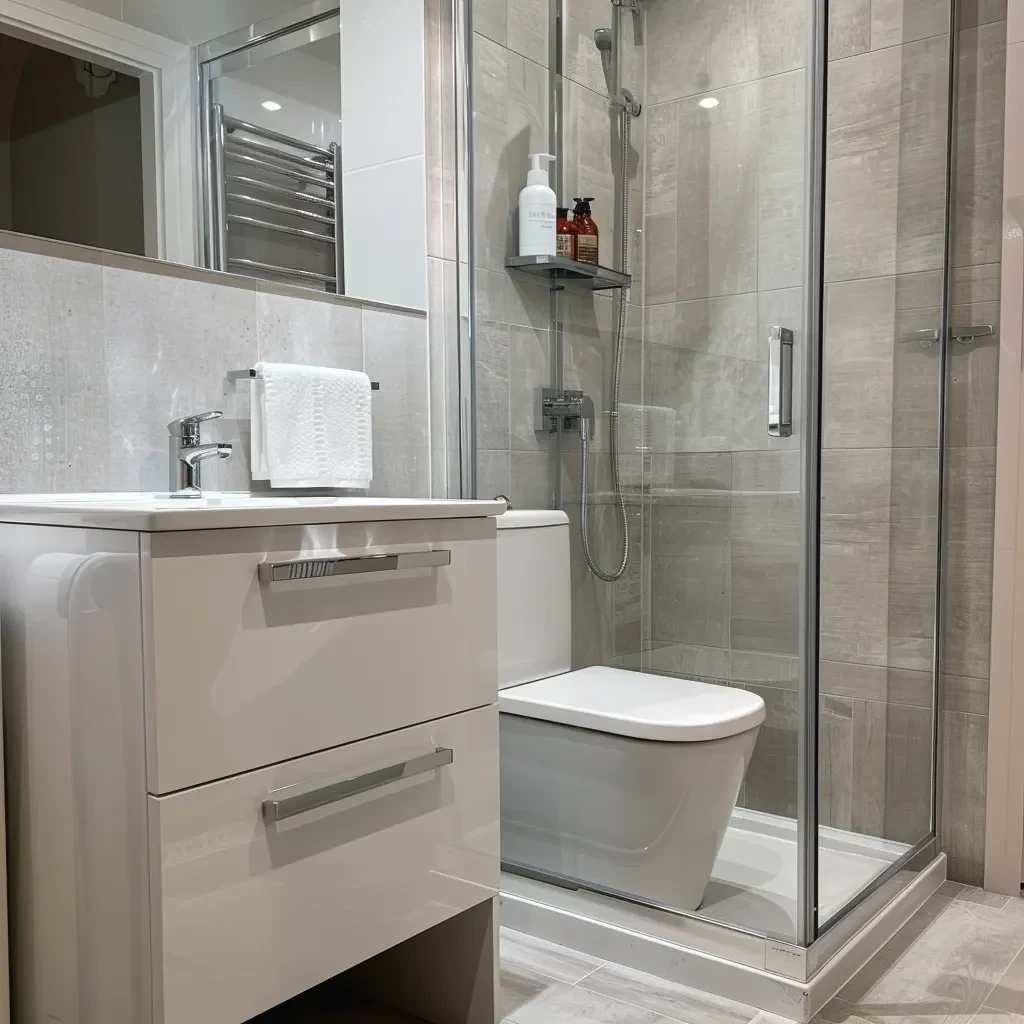 White drawer vanity beside a glass shower enclosure