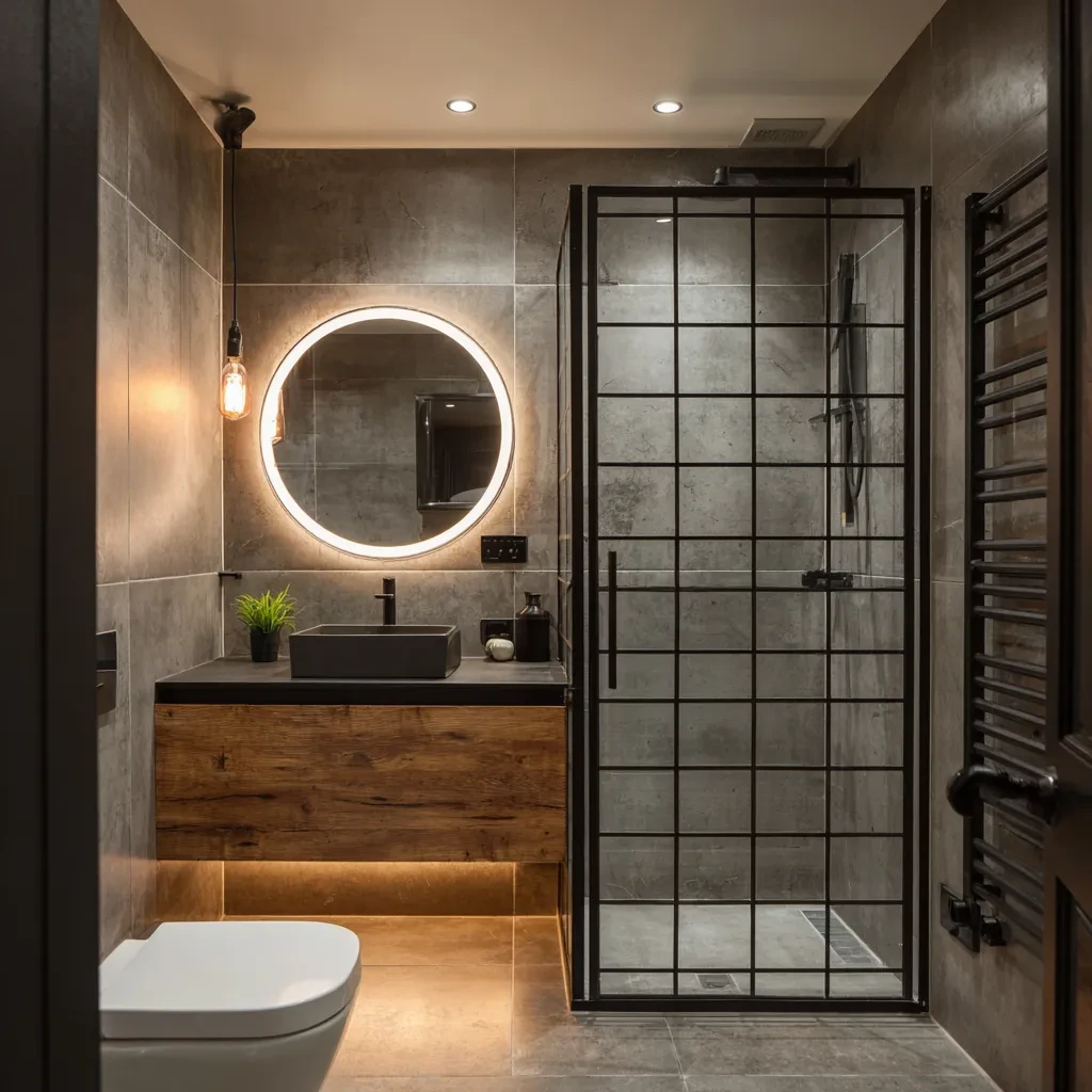 Wood-effect vanity beside a black-framed shower