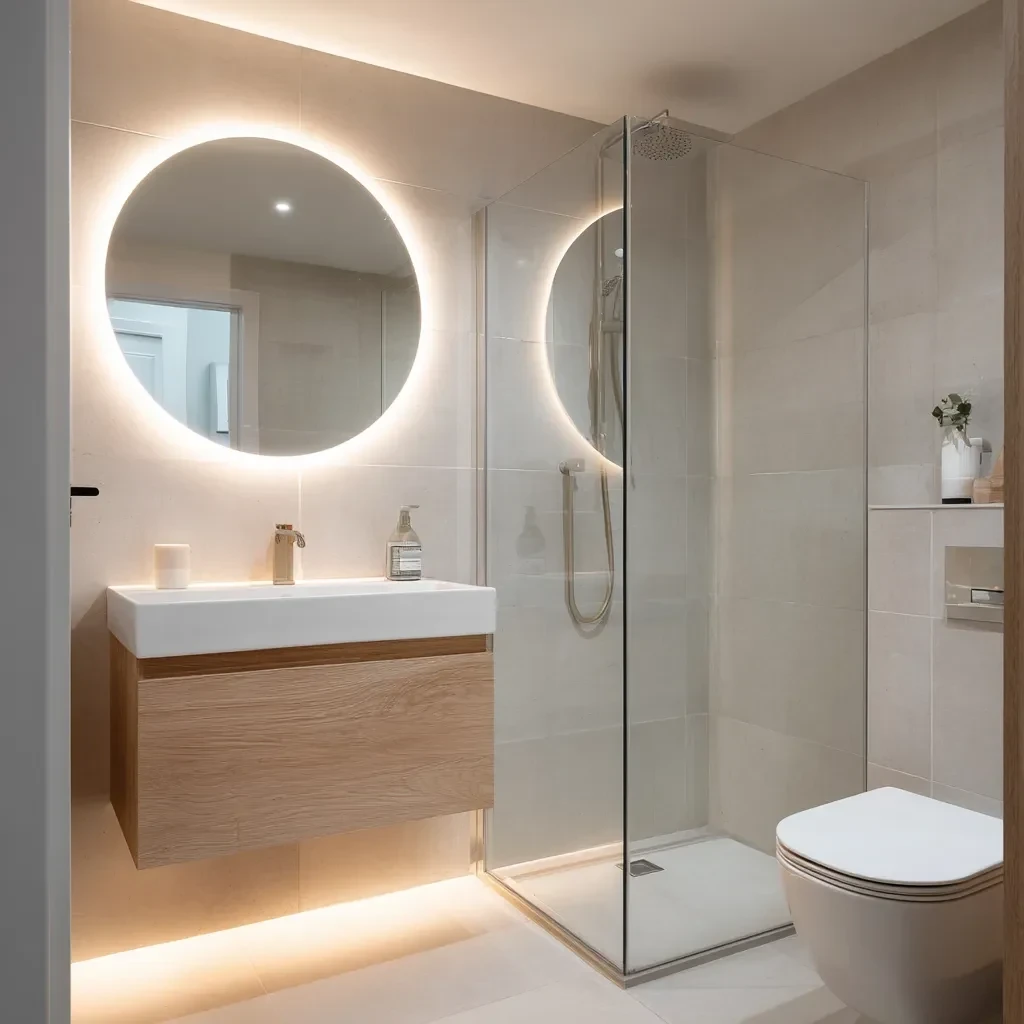 Bright compact bathroom with an oak vanity, round mirror and glass shower