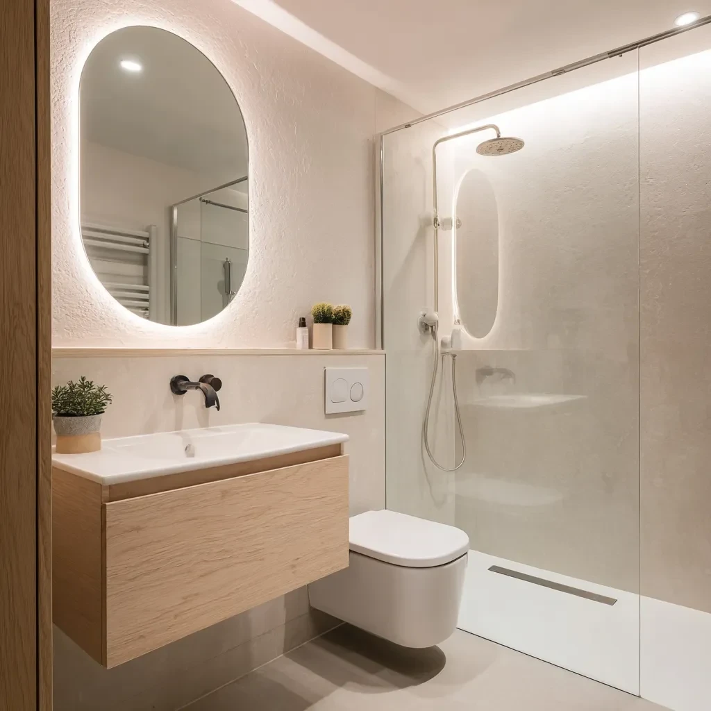 Oak vanity, oval mirror and practical enclosed shower in a bright bathroom