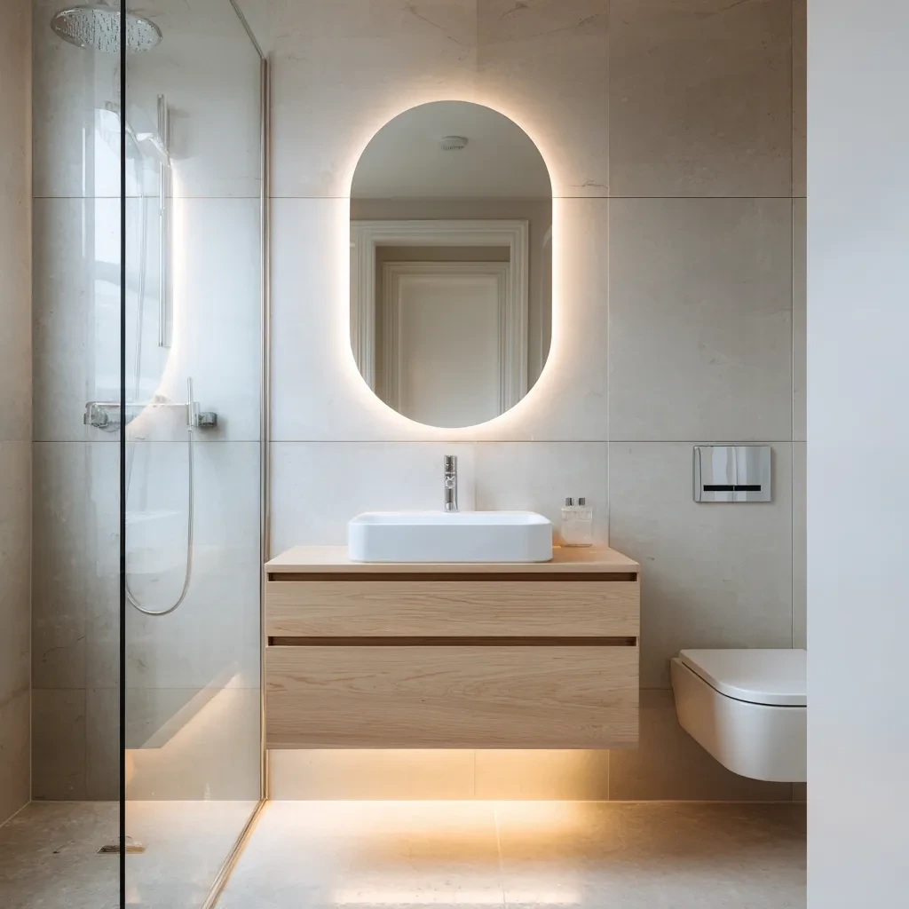 Wood-effect vanity beneath a round mirror