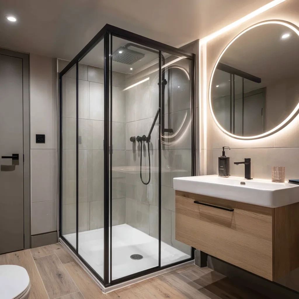 Wood-effect vanity with round mirror and corner shower