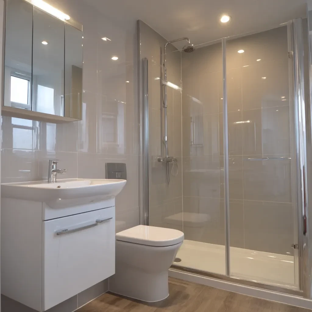 White vanity and toilet beside a glass shower enclosure