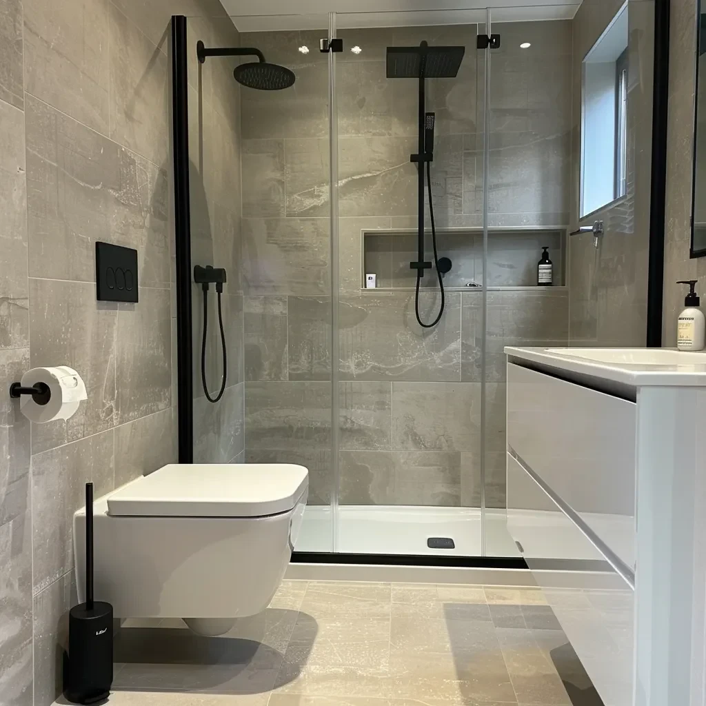 Walk-in shower with pale wall panels, black fittings and a recessed shelf
