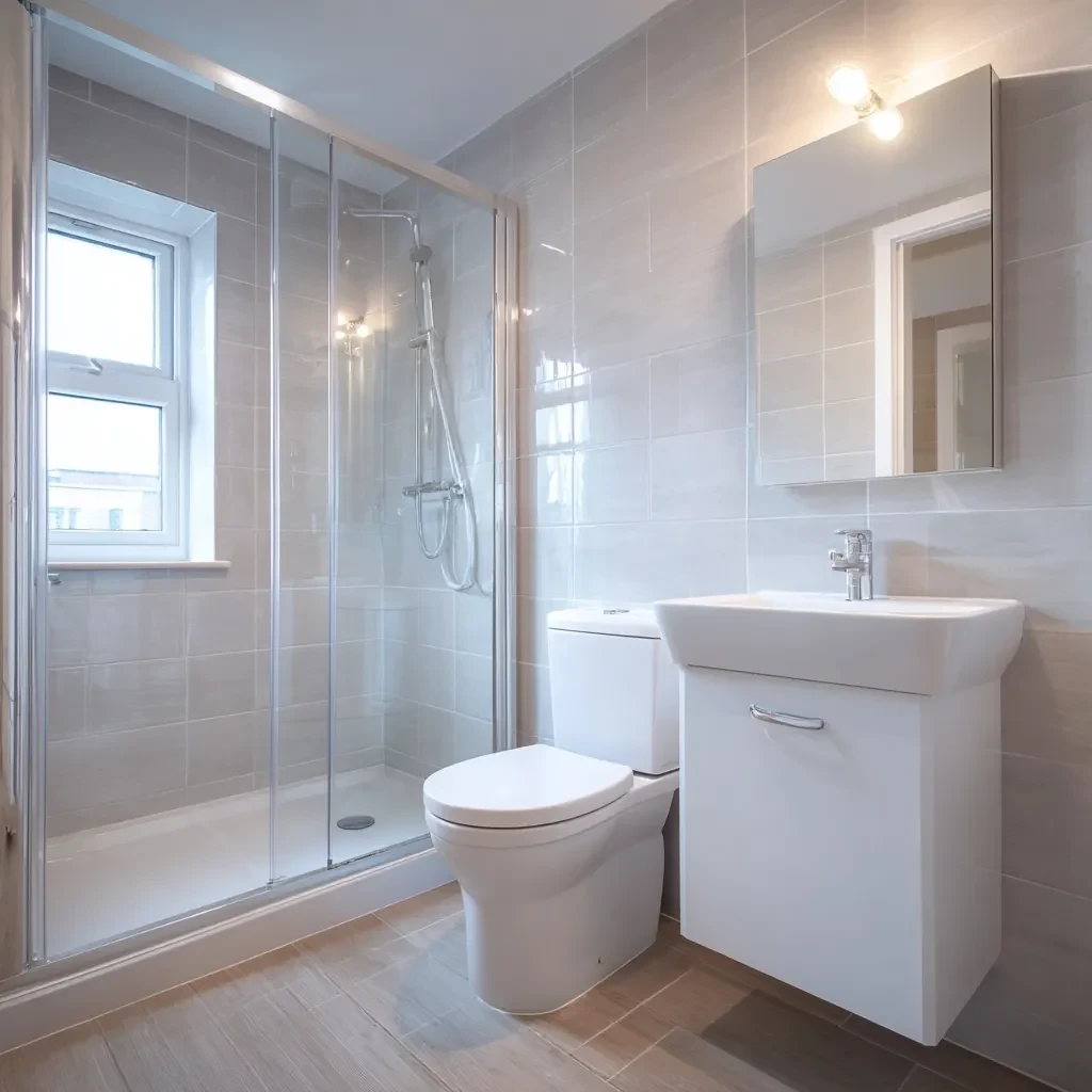 Compact shower room with a window, vanity and toilet