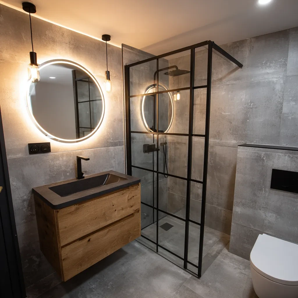 Shower room with wooden vanity and round illuminated mirror