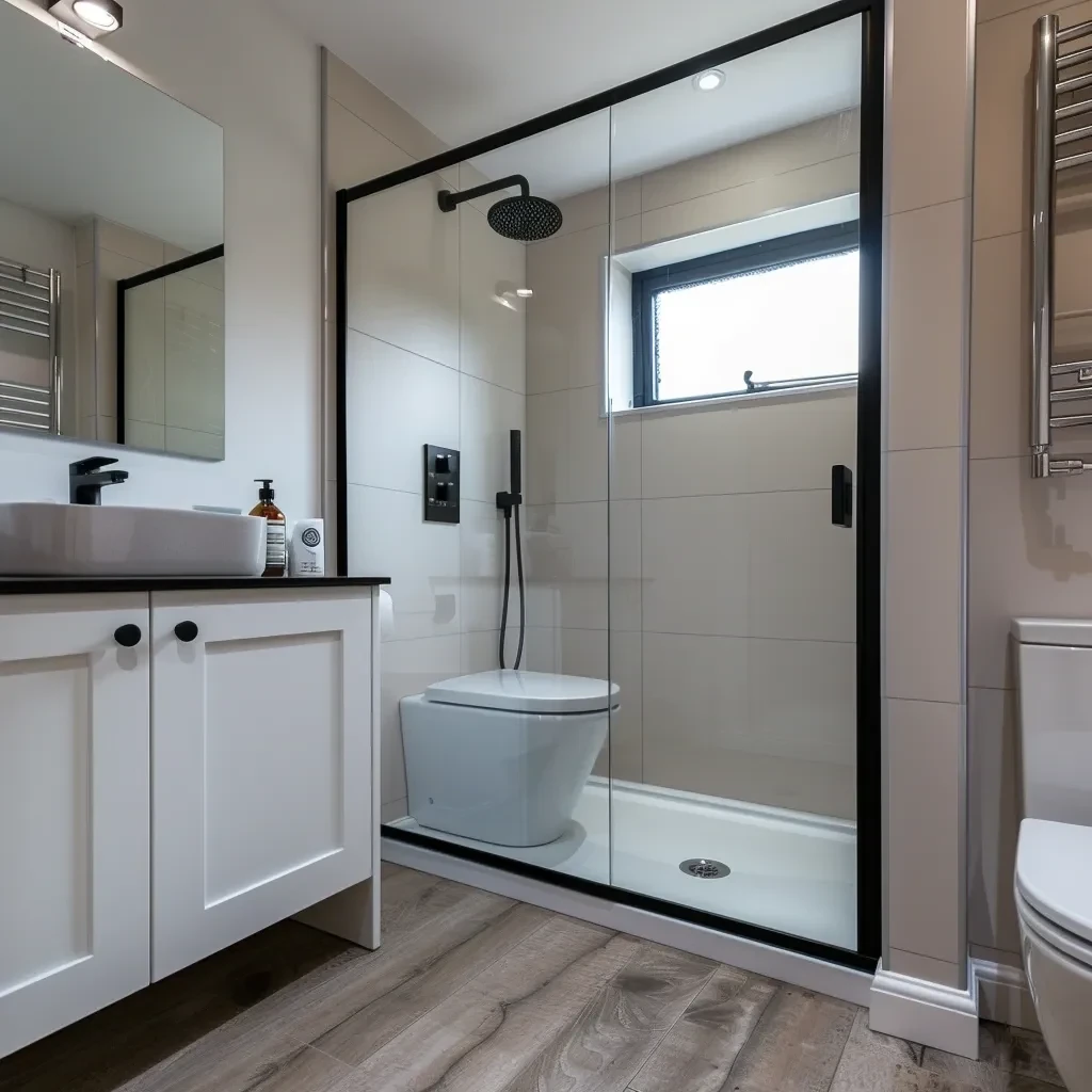 White vanity and black-framed shower with pale stone-effect walls