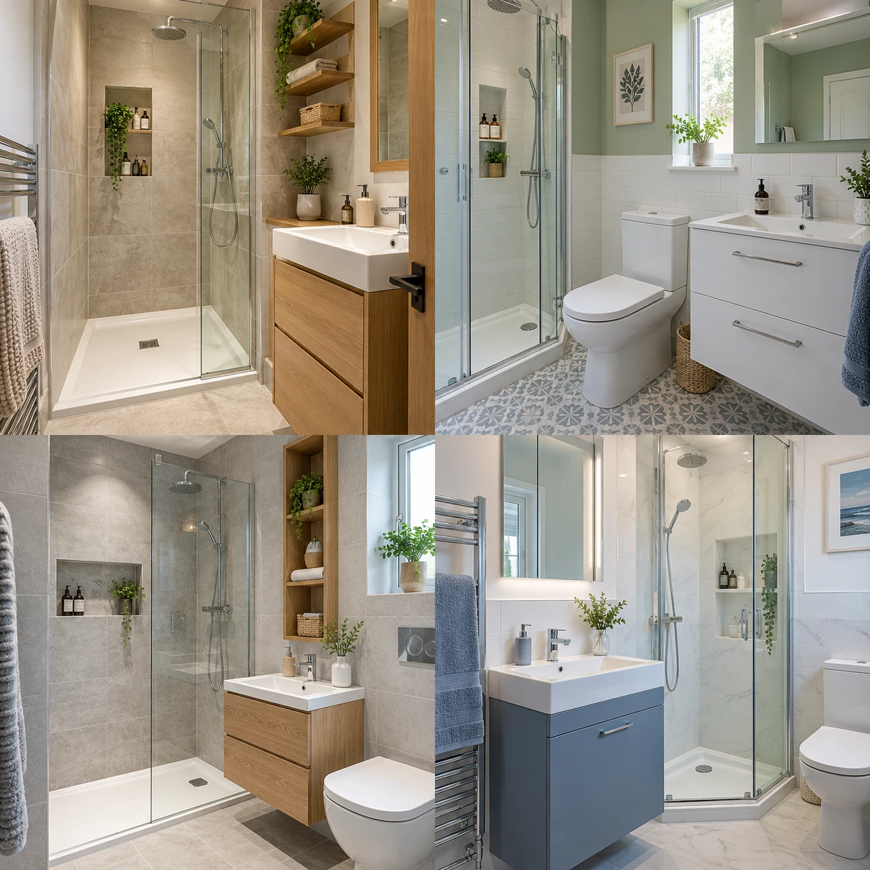 Compact shower room with a glass screen, vanity storage and shelving