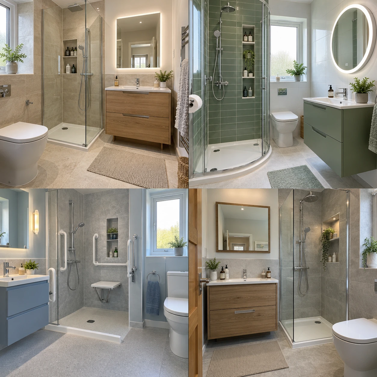 Contemporary bathroom with vanity drawers, a mirror and shower shelving