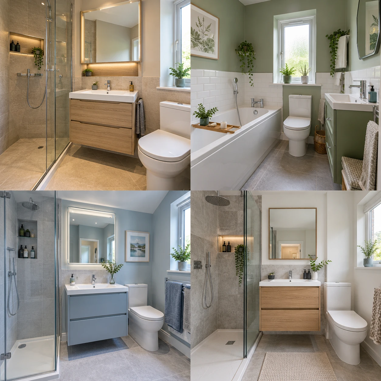 Contemporary bathroom with vanity drawers, a mirror and shower shelving