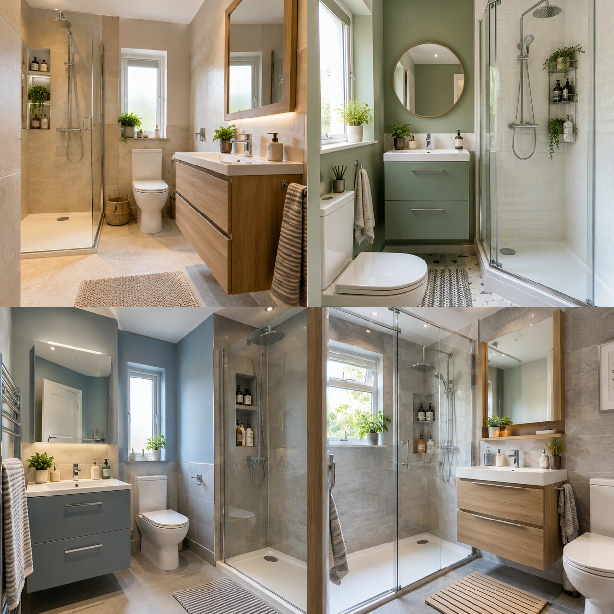 Contemporary bathroom with vanity drawers, a mirror and shower shelving