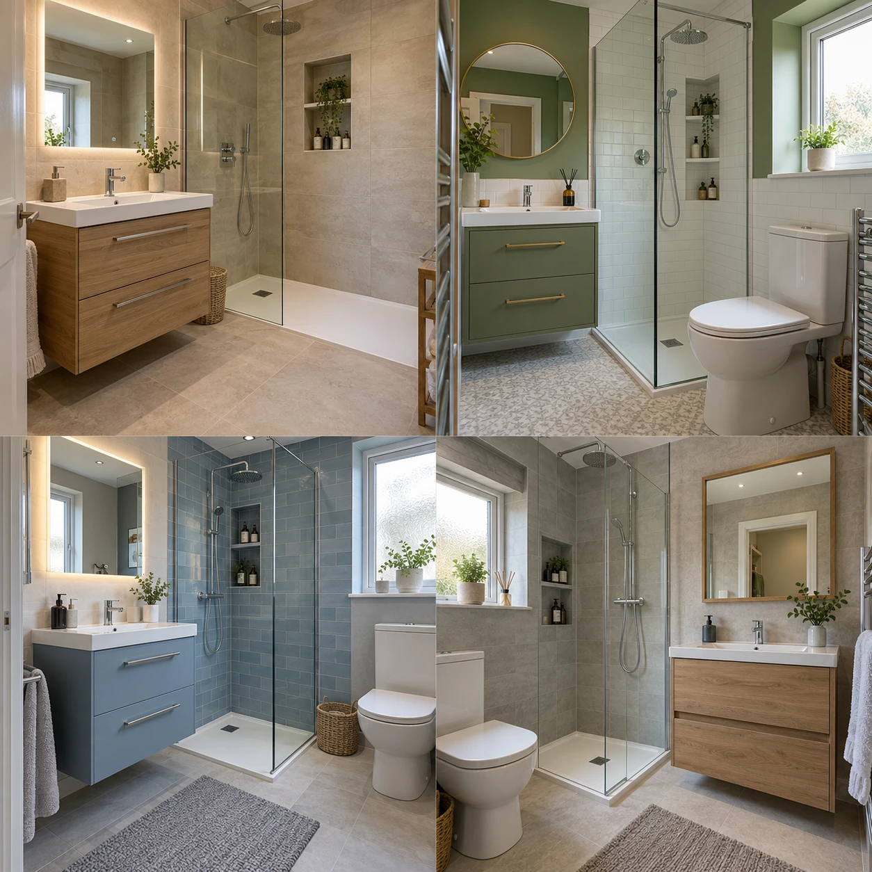 Contemporary bathroom with vanity drawers, a mirror and shower shelving