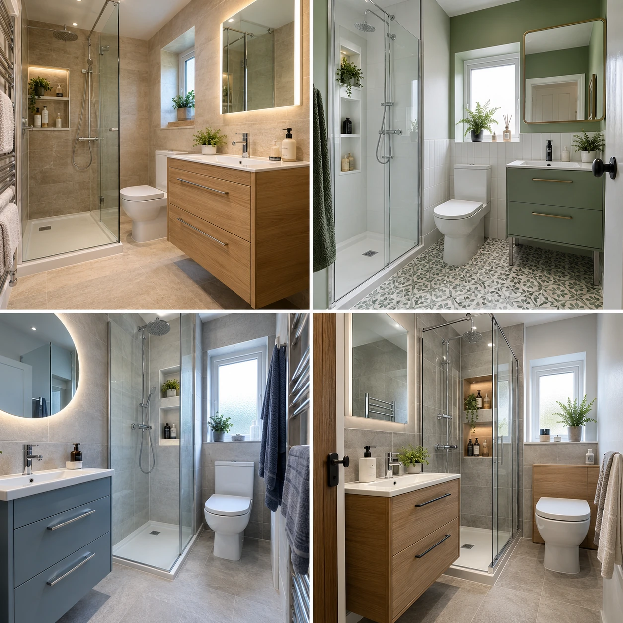 Contemporary bathroom with vanity drawers, a mirror and shower shelving