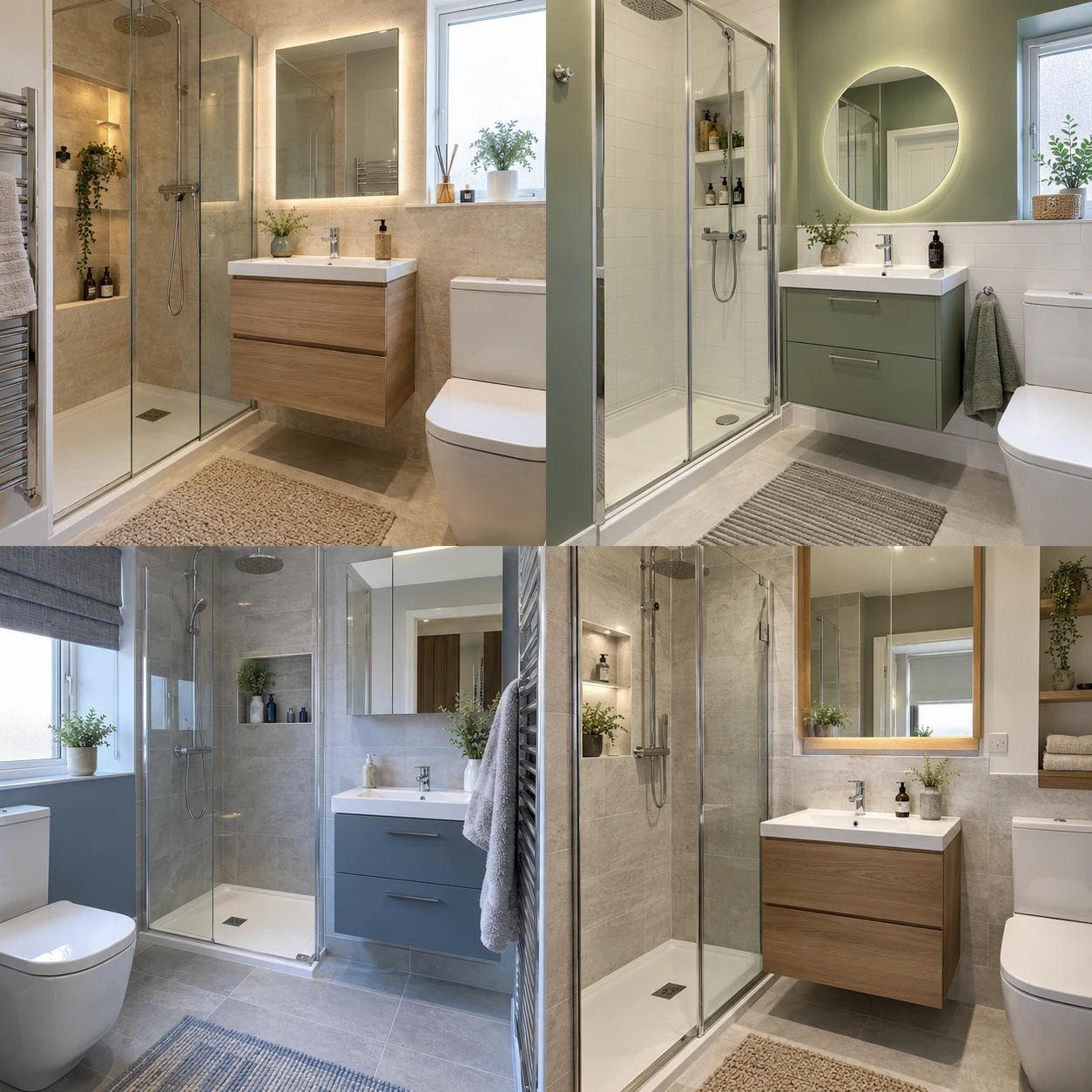 Contemporary bathroom with vanity drawers, a mirror and shower shelving