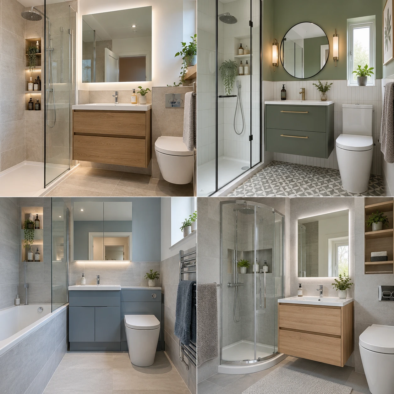 Contemporary bathroom with vanity drawers, a mirror and shower shelving