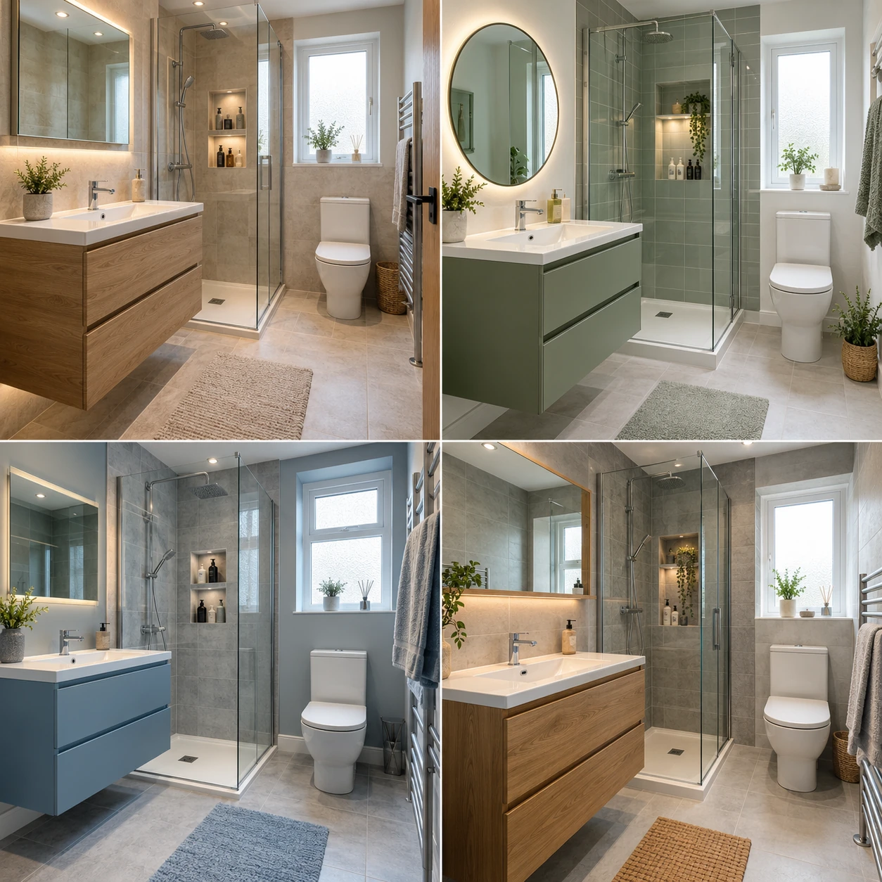 Contemporary bathroom with vanity drawers, a mirror and shower shelving