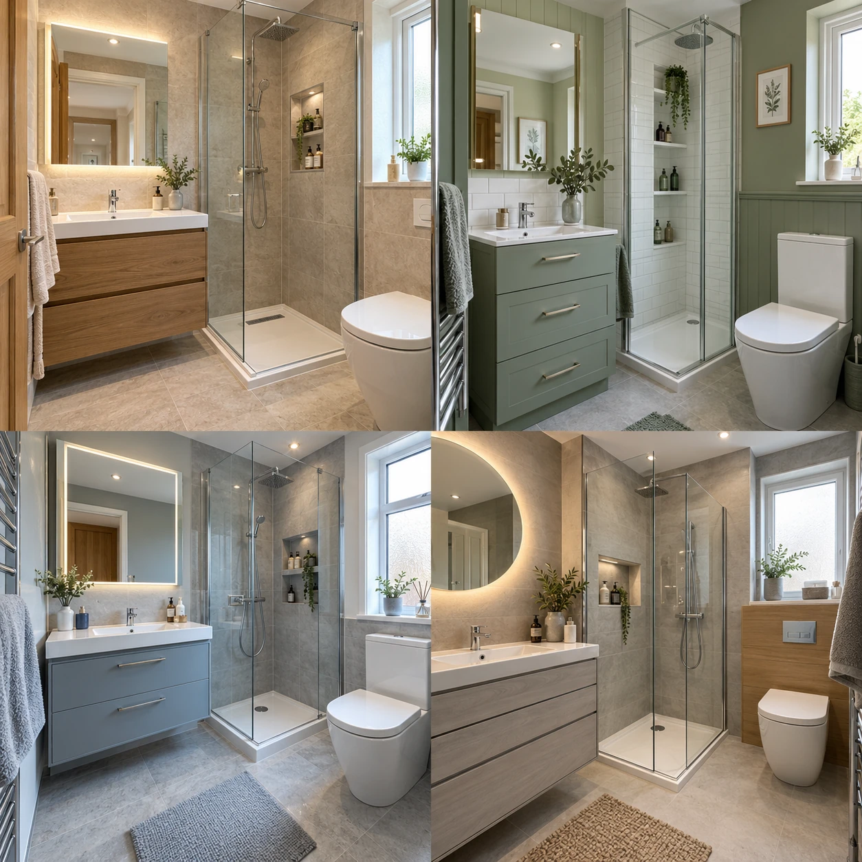 Contemporary bathroom with vanity drawers, a mirror and shower shelving