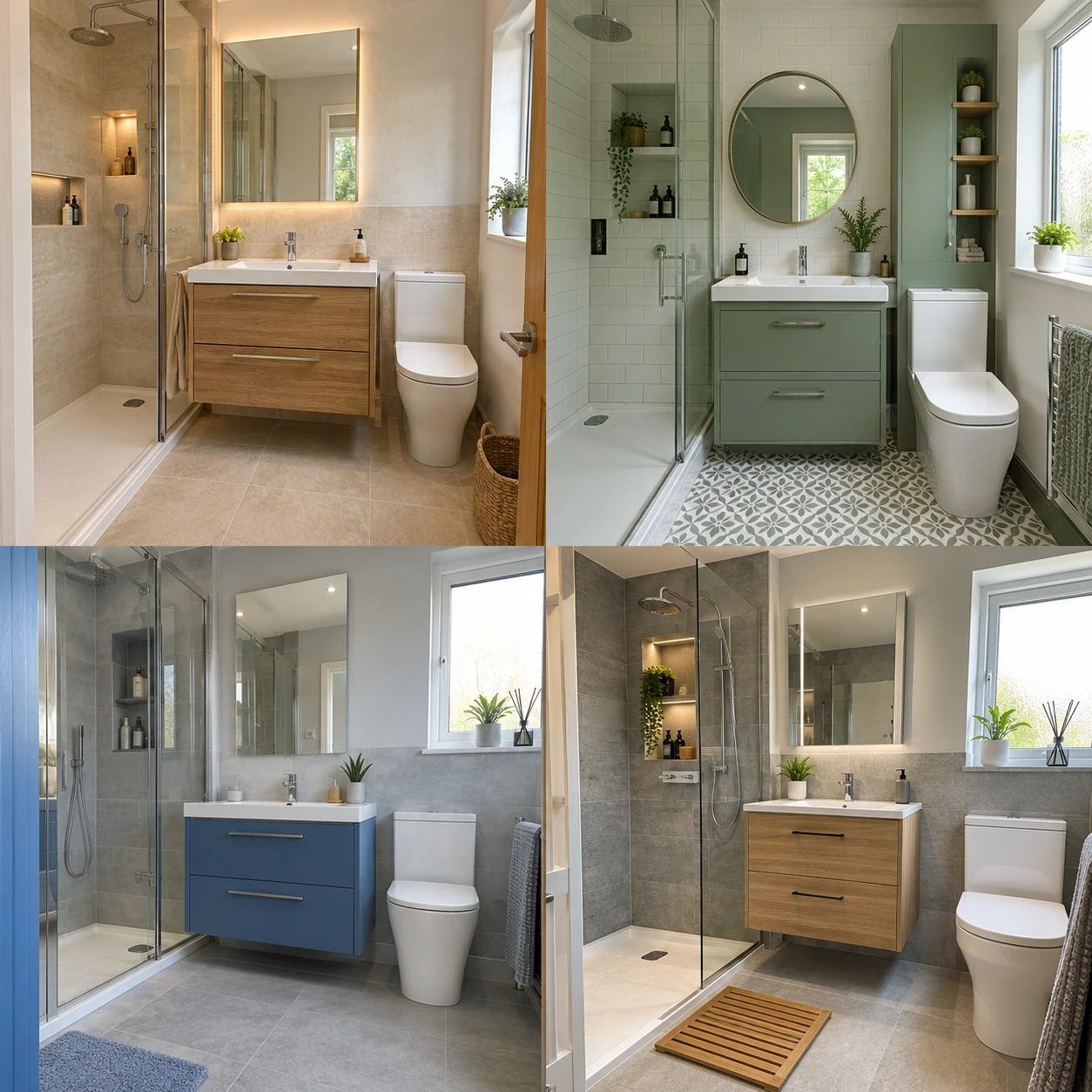 Contemporary bathroom with vanity drawers, a mirror and shower shelving