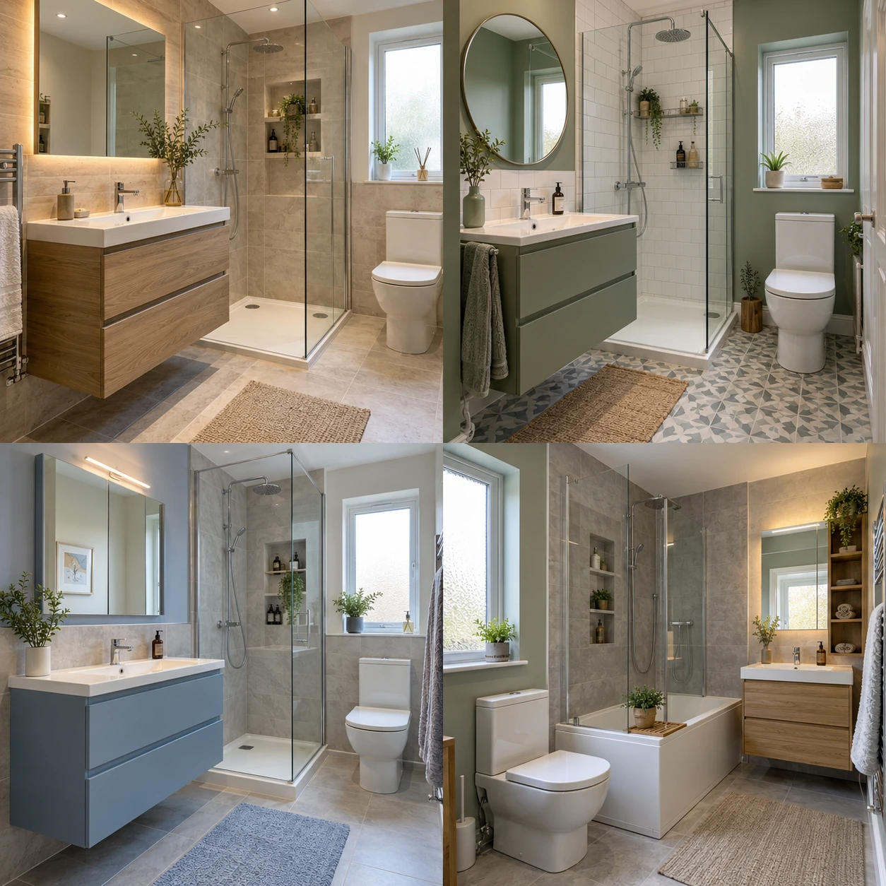 Compact bathroom with coordinated fittings, a vanity and useful storage