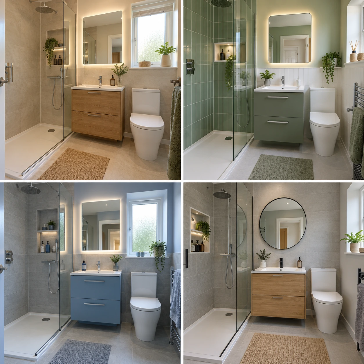 Contemporary bathroom with vanity drawers, a mirror and shower shelving