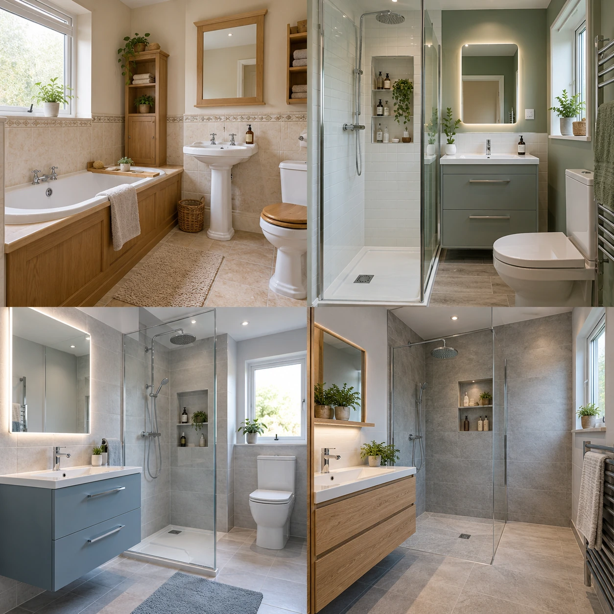 Contemporary bathroom with vanity drawers, a mirror and shower shelving
