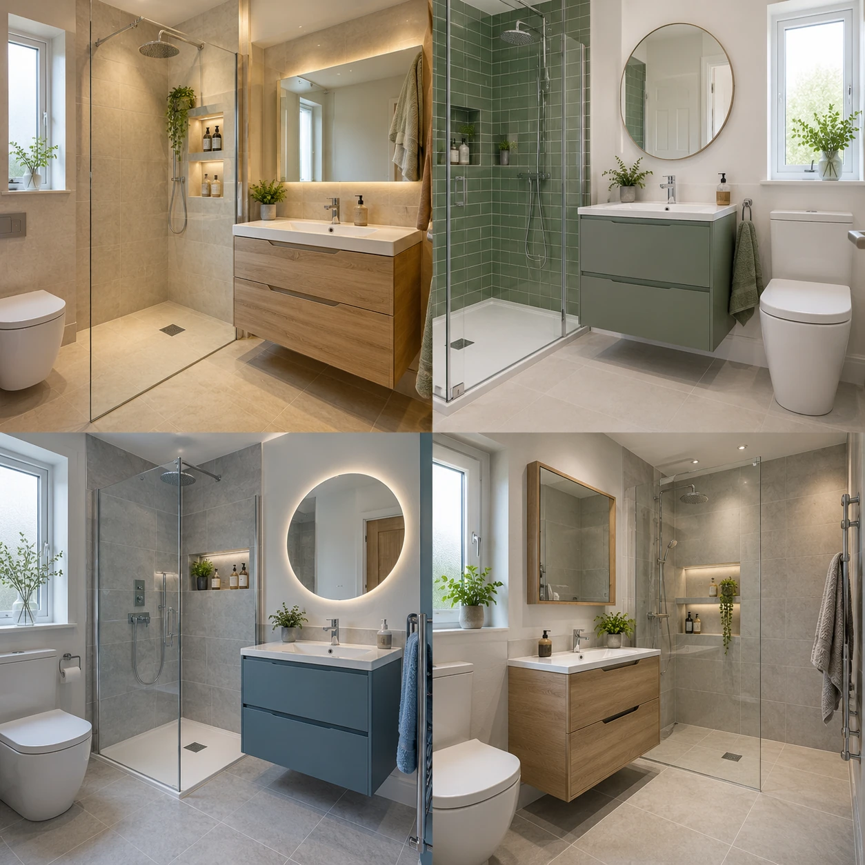 Contemporary bathroom with vanity drawers, a mirror and shower shelving