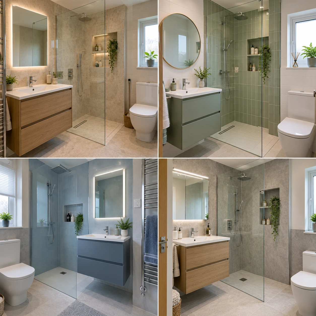 Contemporary bathroom with vanity drawers, a mirror and shower shelving