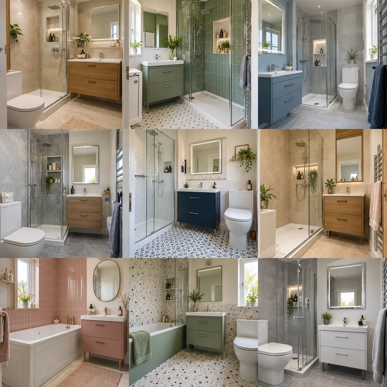 Contemporary bathroom with vanity drawers, a mirror and shower shelving