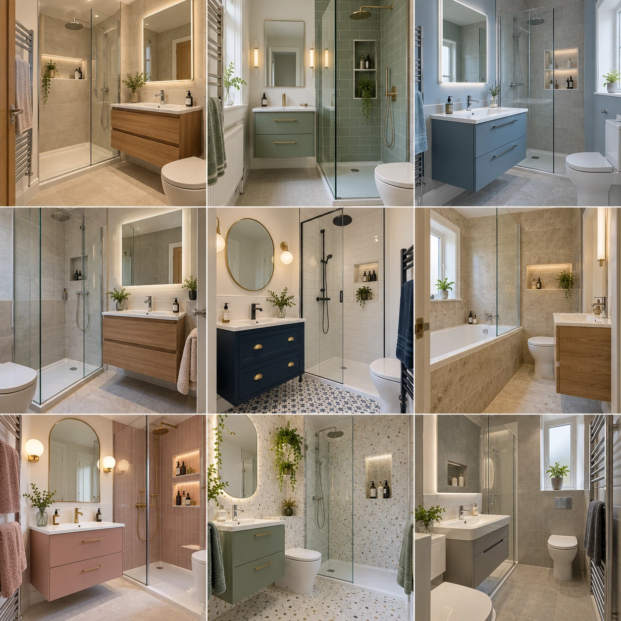 Contemporary bathroom with vanity drawers, a mirror and shower shelving