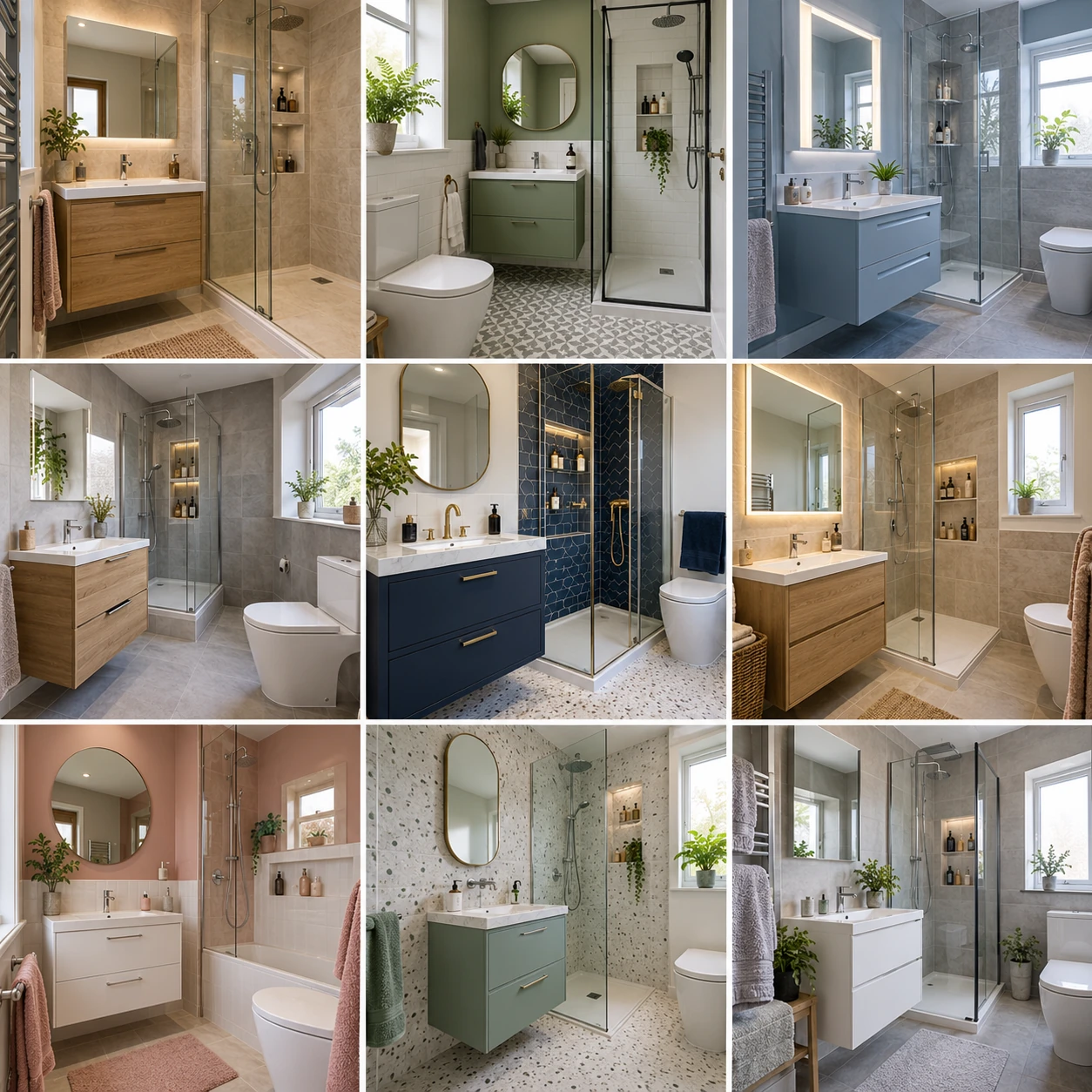 Contemporary bathroom with vanity drawers, a mirror and shower shelving