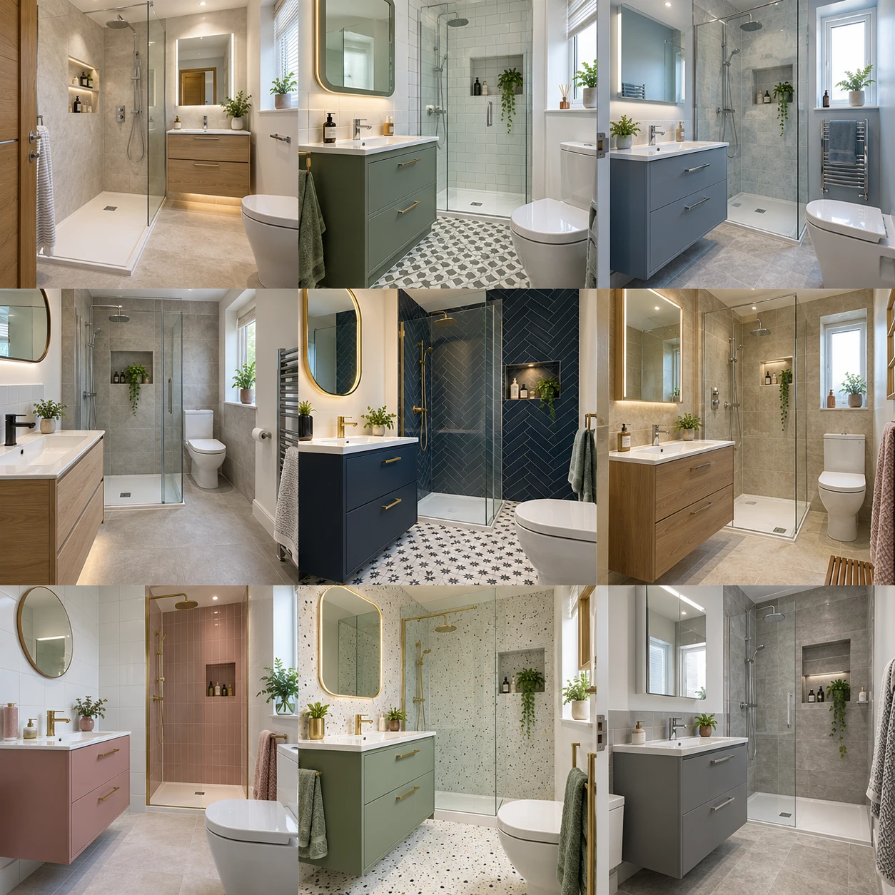 Contemporary bathroom with vanity drawers, a mirror and shower shelving