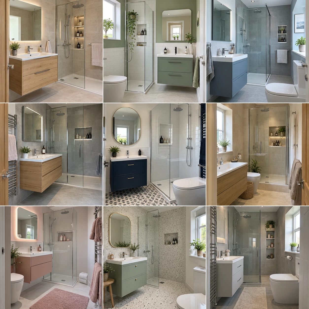 Contemporary bathroom with vanity drawers, a mirror and shower shelving
