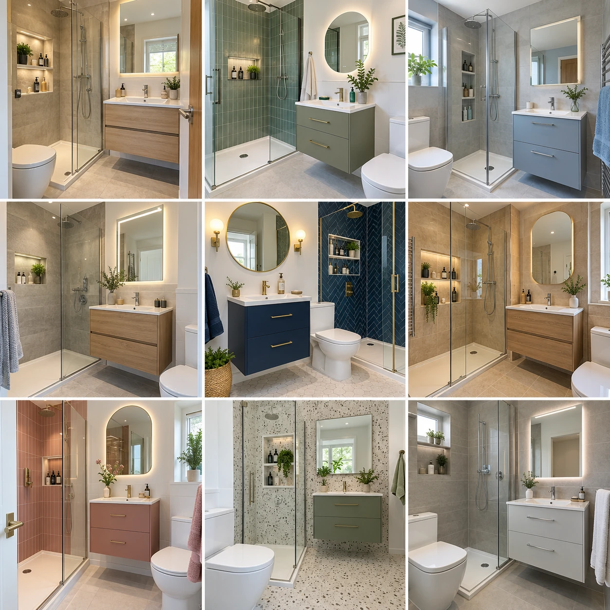 Contemporary bathroom with vanity drawers, a mirror and shower shelving