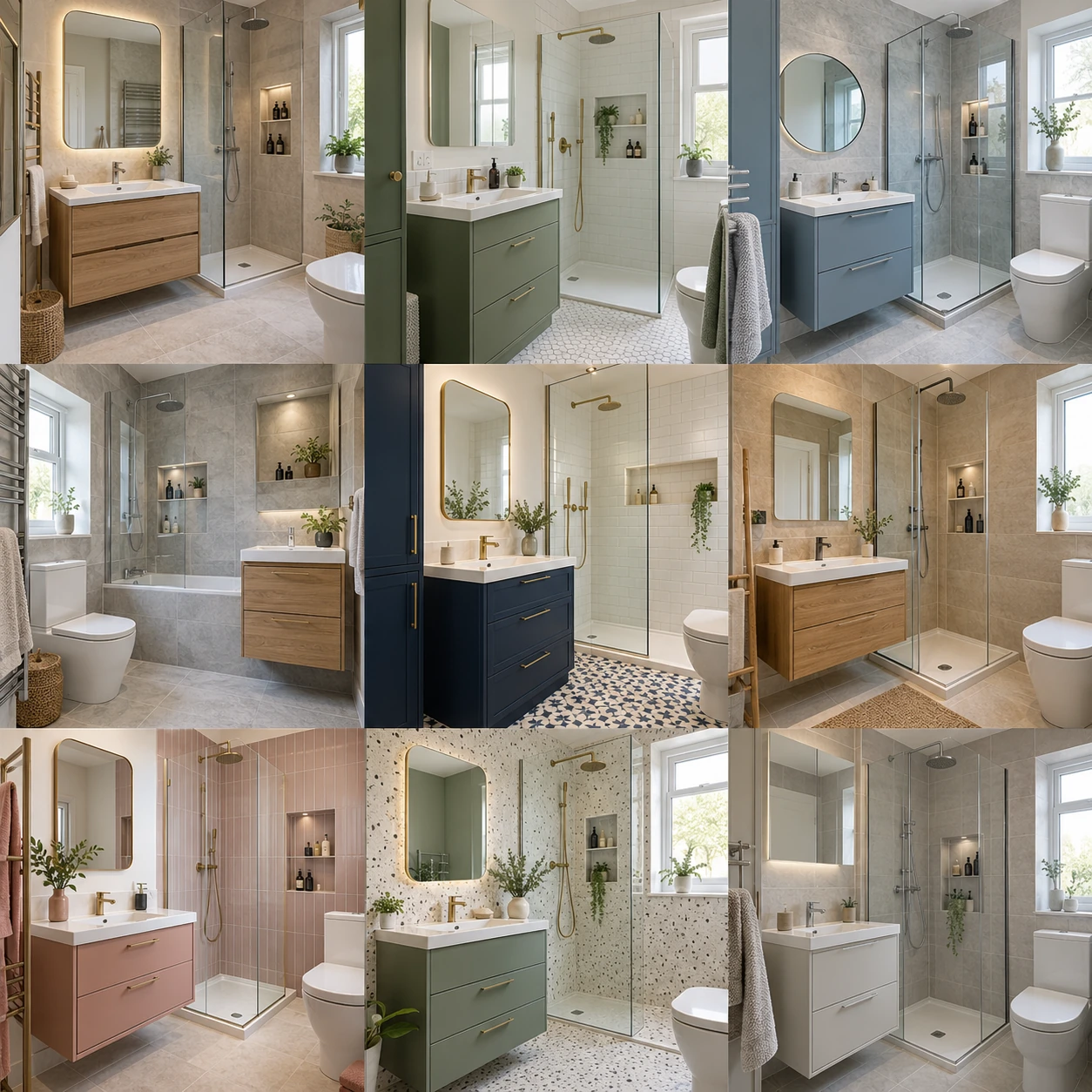 Contemporary bathroom with vanity drawers, a mirror and shower shelving