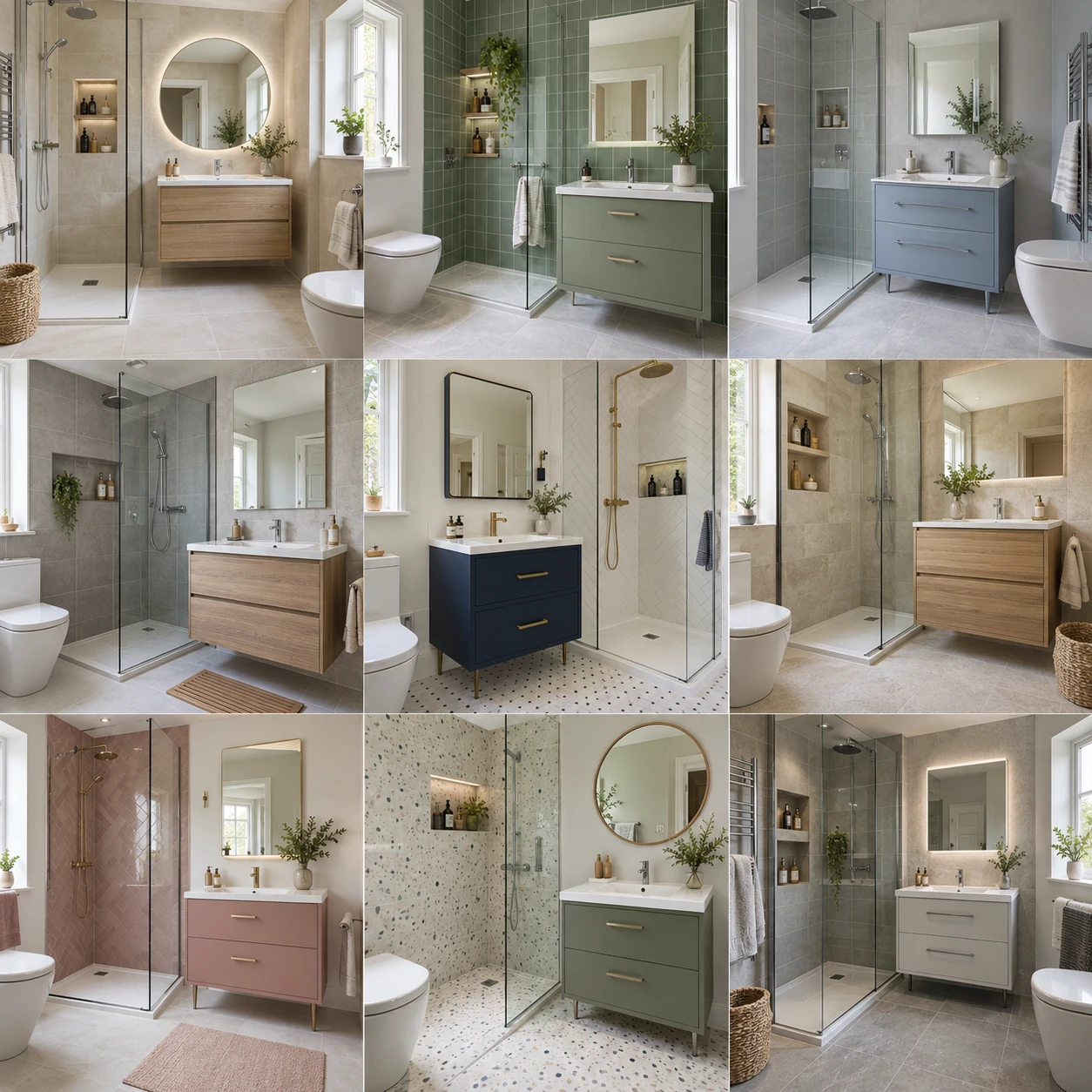 Contemporary bathroom with vanity drawers, a mirror and shower shelving