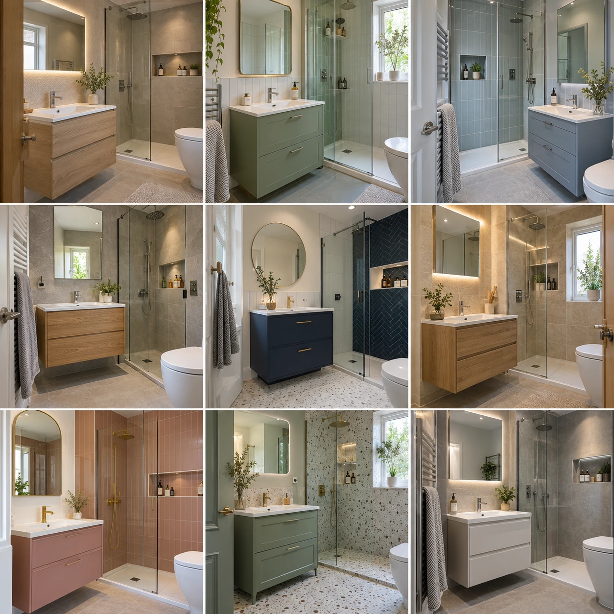 Contemporary bathroom with vanity drawers, a mirror and shower shelving