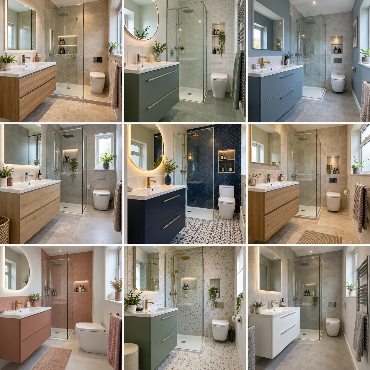 Contemporary bathroom with vanity drawers, a mirror and shower shelving