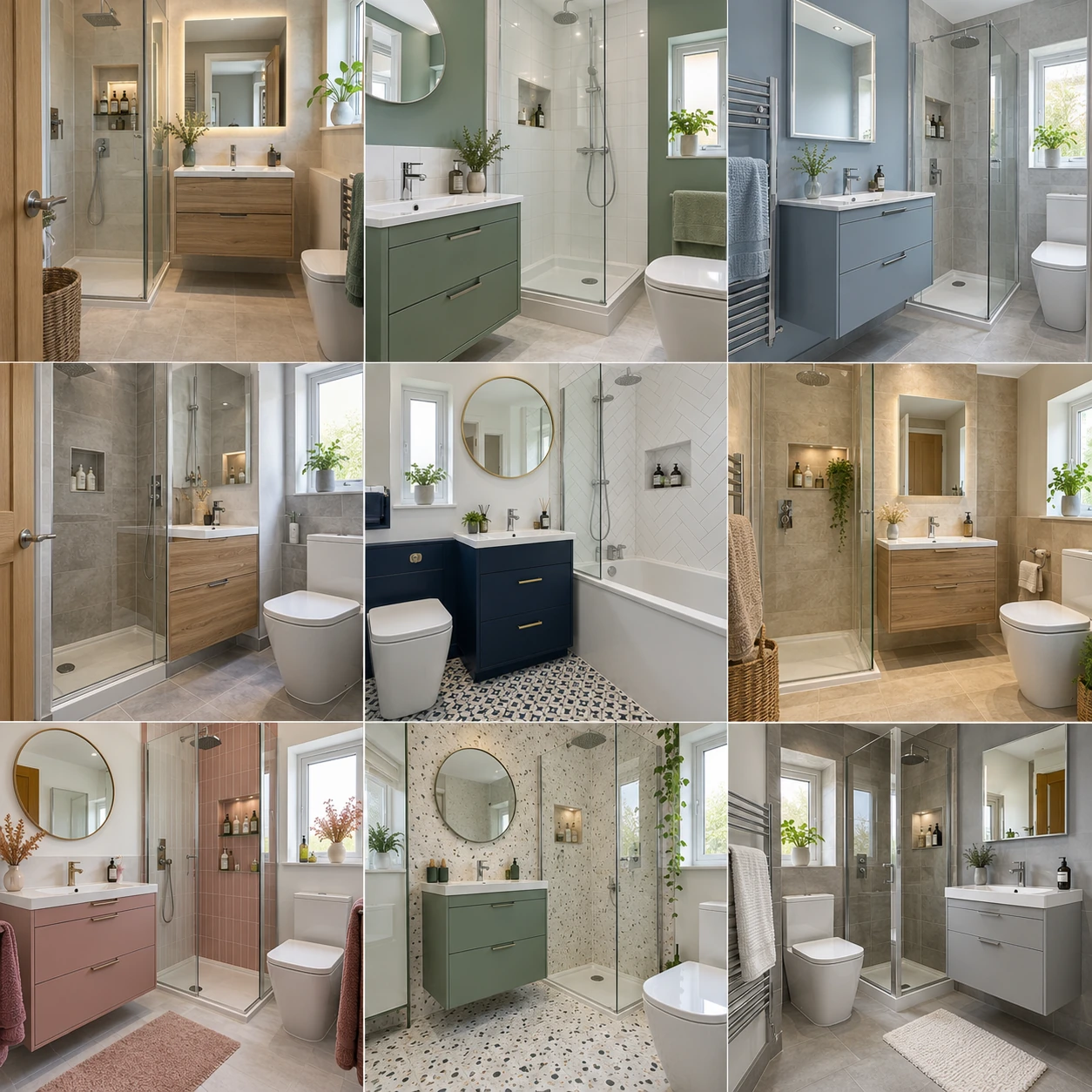 Contemporary bathroom with vanity drawers, a mirror and shower shelving