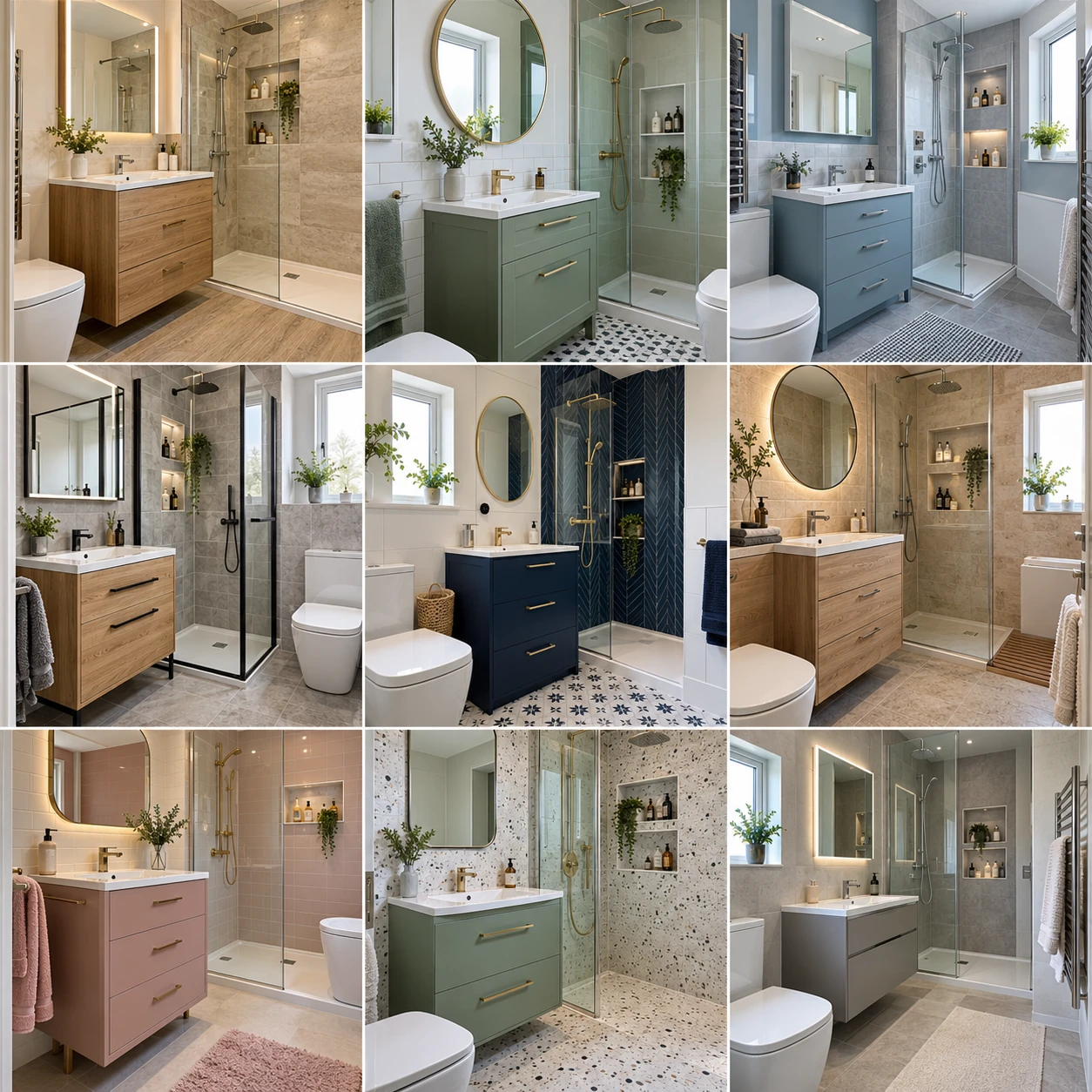 Contemporary bathroom with vanity drawers, a mirror and shower shelving