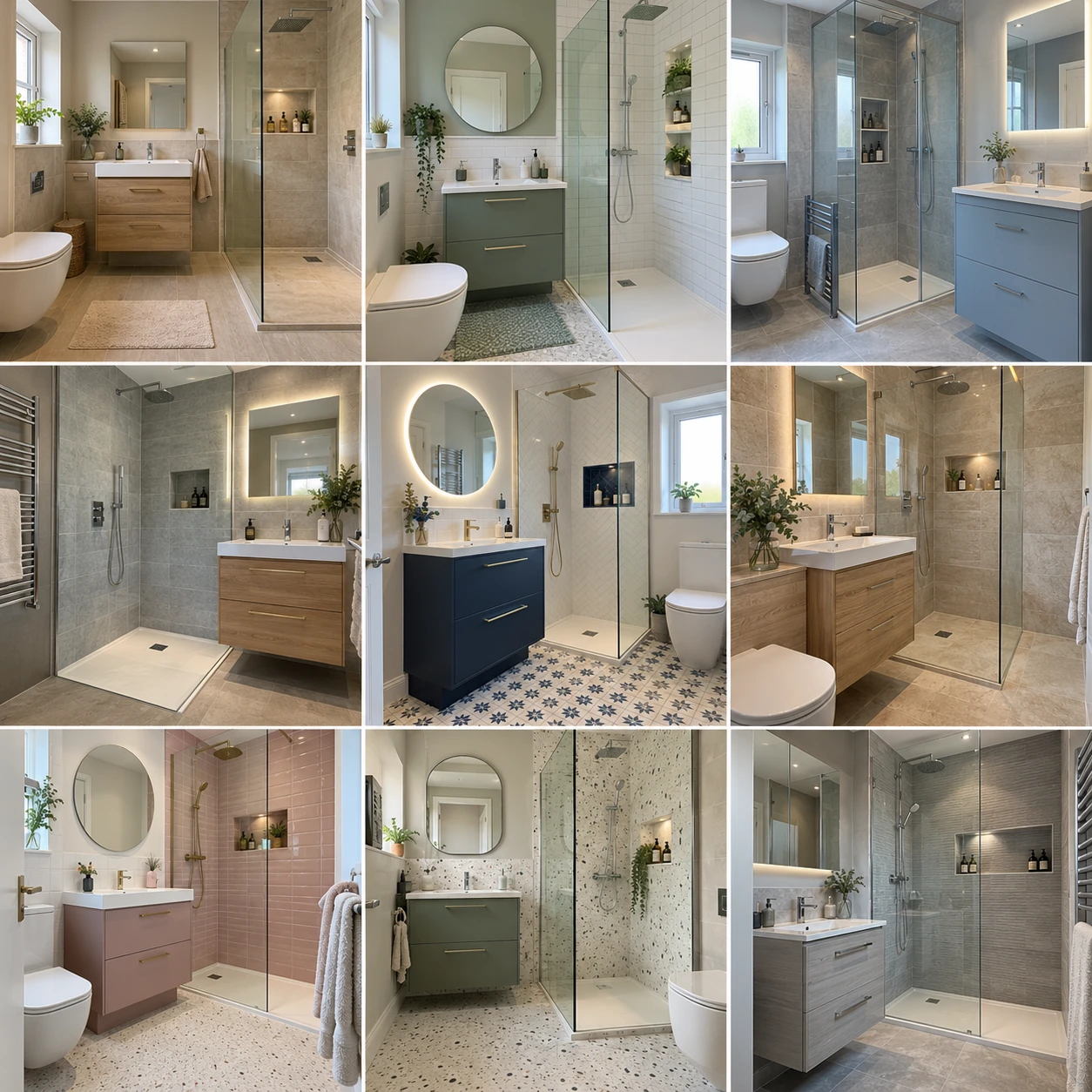 Contemporary bathroom with vanity drawers, a mirror and shower shelving
