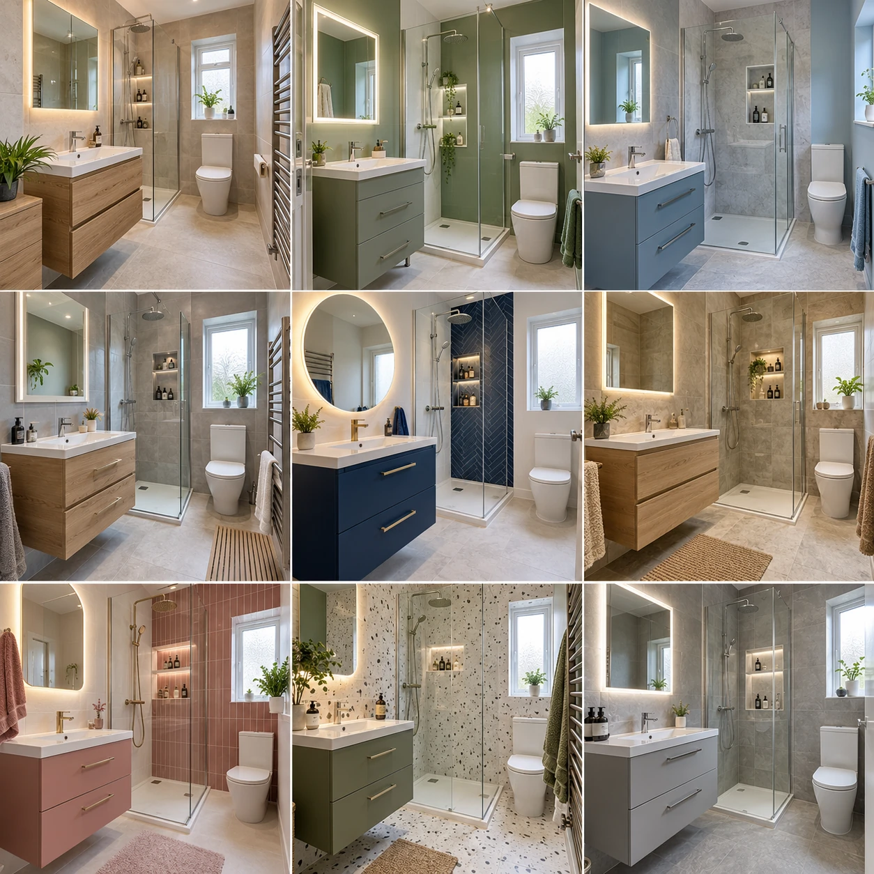 Contemporary bathroom with vanity drawers, a mirror and shower shelving